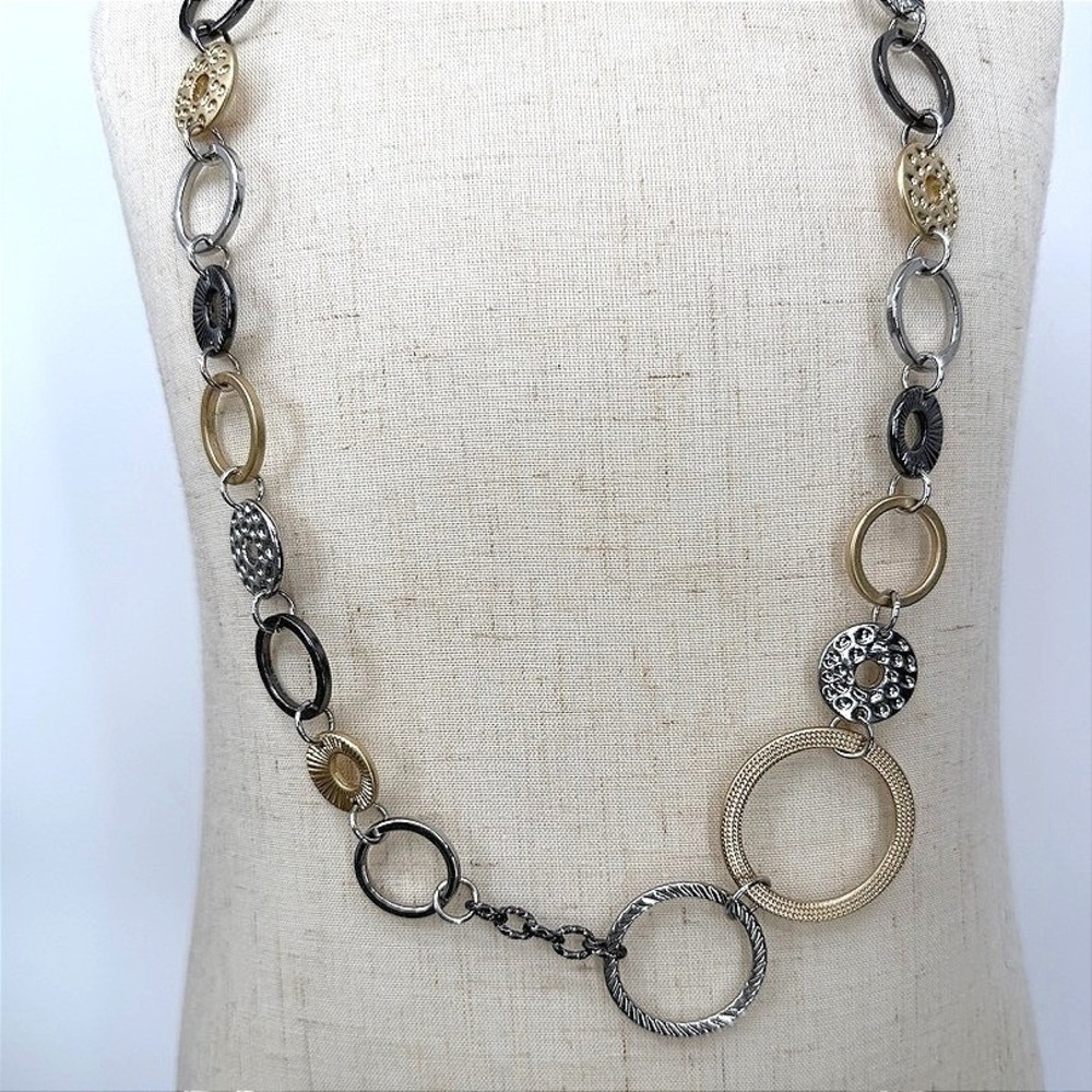 Lia Sophia Necklace Long Mixed Metal Geometric Textured Hammer Statement 40"